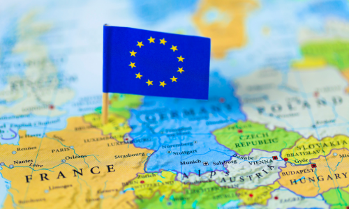 Flag of European Union in a map of europe